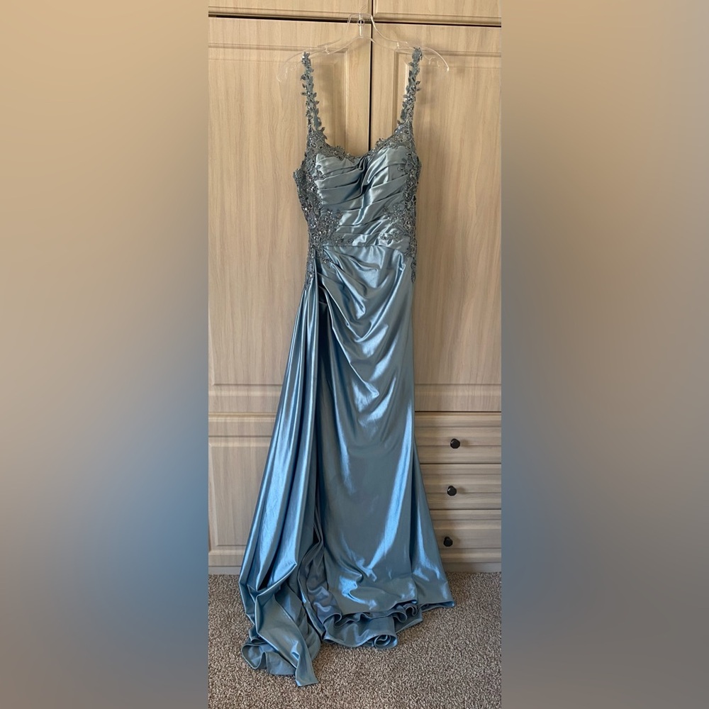Silver Blue Sweetheart Embellished Prom Dress